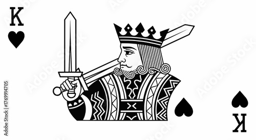 Illustration of a king of hearts playing card with a sword and crown in black and white design style