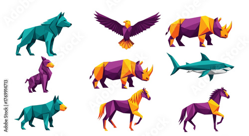 Diverse Set of Geometric Animal Illustrations Wolf, Eagle, Rhinoceros, Shark, and Horses in Vibrant Colors