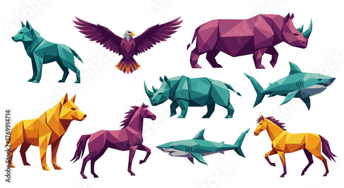 Collection of Geometric Polygon Animal Illustrations Eagle, Wolf, Horse, Rhinoceros, Shark