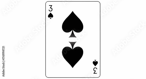 Illustration of a playing card depicting the three of spades suit on a white background surface view