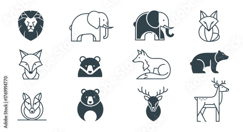 A collection of minimalist wild animal icons for modern logo design and branding projects