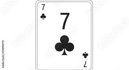 Illustration of a playing card showing the seven of clubs with black symbols and white background