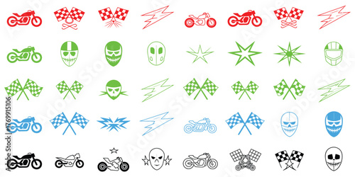 collection of colorfully designed motorcycle racing icons featuring checkered flags helmets lightning bolts and sport symbols perfect for motorsport vector design and automotive decoration projects