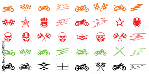 colorful motorcycle racing icon set with detailed helmets checkered flags lightning bolts and racing symbols ideal for sports graphics vector illustration and motorcycle themed design projects
