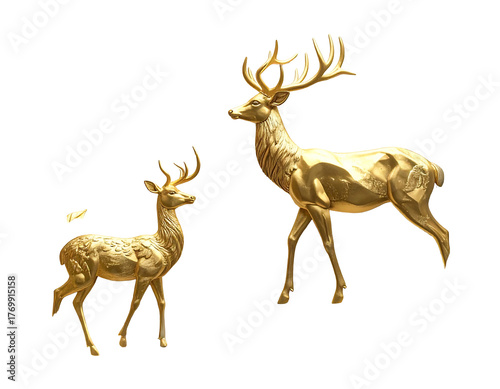 Two golden deer, a small fawn and adult buck, stand isolated on a black background, lit for metallic shine