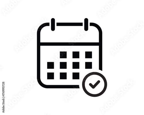 Modern black and white calendar icon with checkmark indicating task completion for digital applications