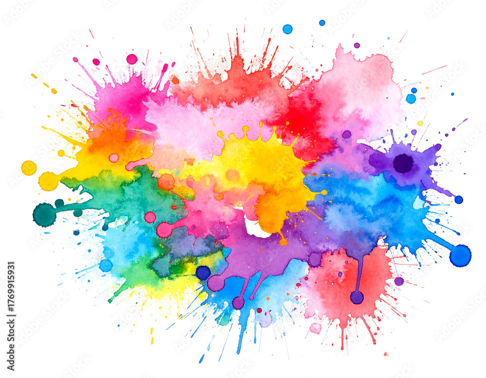 Fototapeta premium Vibrant, abstract splash of watercolor paint bursts in a rainbow of color on a black backdrop, creating a dynamic artwork