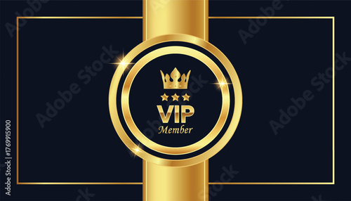 Golden vip member badge with crown and stars on dark blue background