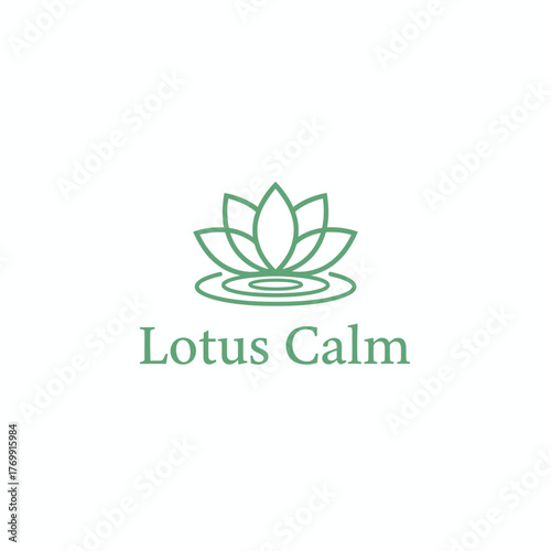 A stylized green lotus flower floats above rippling water, with 