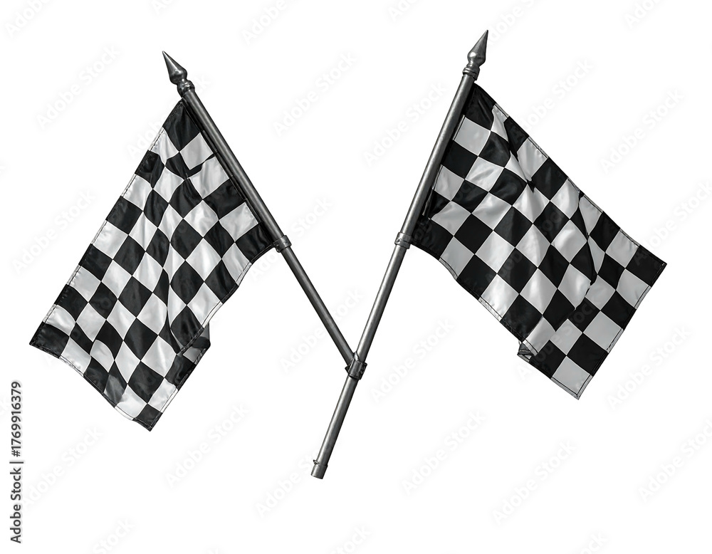 Fototapeta premium Two crossed checkered flags, waving gently against a black backdrop, suggest speed, victory, and the end of a race
