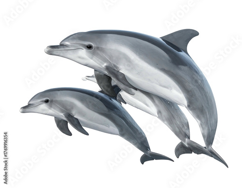 Two gray dolphins leap against a black background, appearing close and intimate in a stylized watercolor rendition