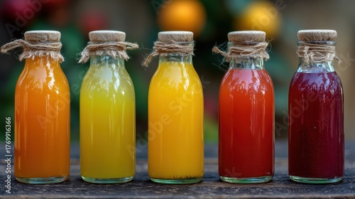 Five small glass bottles with cork stoppers, filled with a vibrant rainbow of fresh juices, lined up on a wooden table with a natural, blurred green background. Health and wellness concept