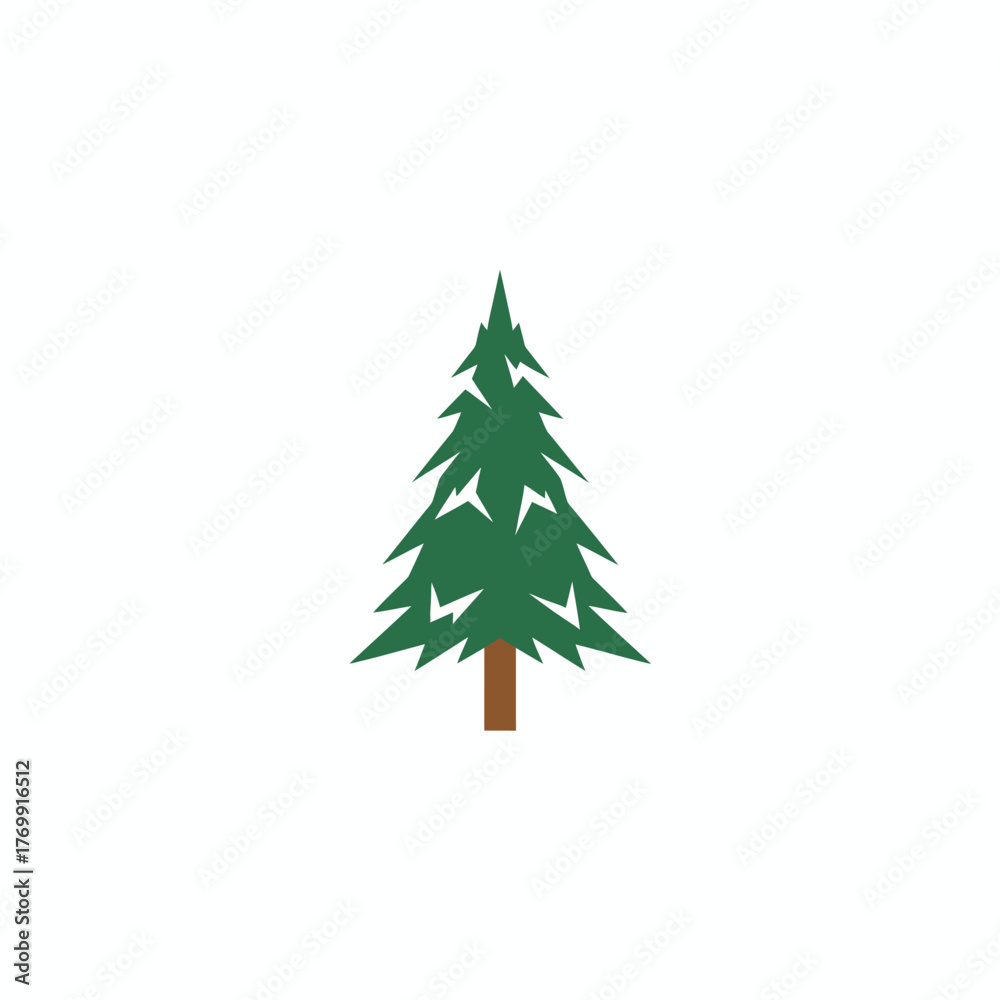 Obraz premium A flat-design evergreen tree in green with a brown trunk, on a plain white background