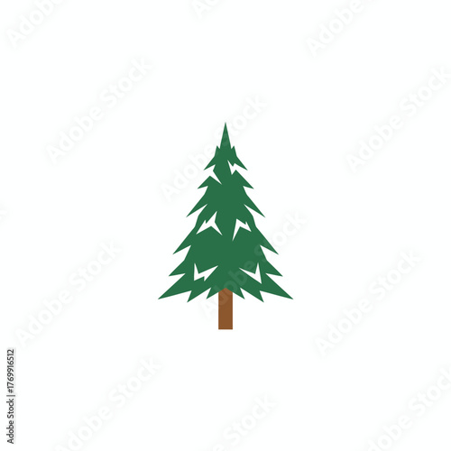 A flat-design evergreen tree in green with a brown trunk, on a plain white background