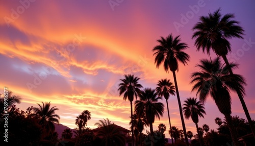 Vibrant Sunset Over Palm Trees with Colorful Sky in Tropical Oasis at Dusk