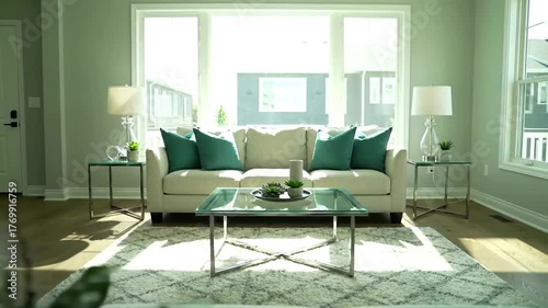 Bright and modern living room with a light sofa, teal pillows, glass tables, and large windows.