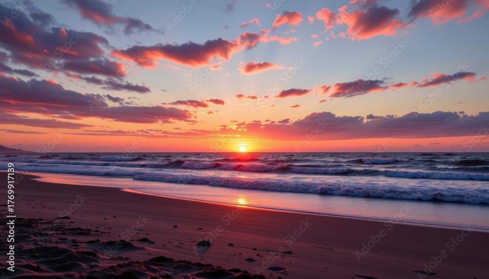 Fototapeta premium Beautiful sunset over ocean waves with colorful clouds reflecting on sandy beach in serene coastal landscape