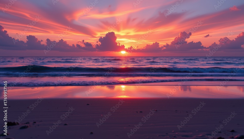 Fototapeta premium Breathtaking Vibrant Sunset Over Calm Ocean Waves with Colorful Cloud Reflections on Sandy Beach at Dusk