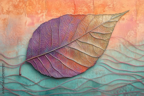 A vibrant leaf, rich with autumnal hues, rests on textured, flowing lines in soft, muted tones.