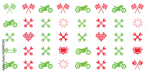 motorcycle racing and repair icons collection in bright colors including checkered flags gears wrenches stars helmets and tools for creative automotive vector art and motorsport design decoration