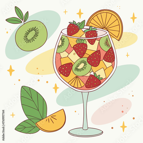 A refreshing fruit sangria with strawberries, kiwi, and orange slices