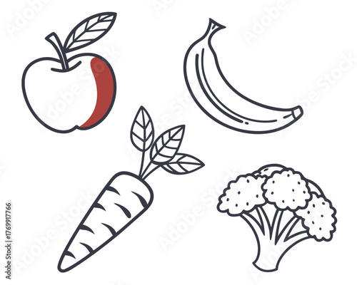 Black and white line art of apple, banana, carrot, and broccoli