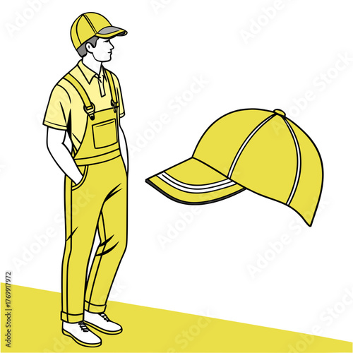 Illustration of a worker in yellow overalls and cap