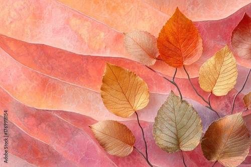 Vibrant autumn leaves artfully arranged on a soft, layered background of muted pinks and oranges, showcasing a delicate and harmonious composition.