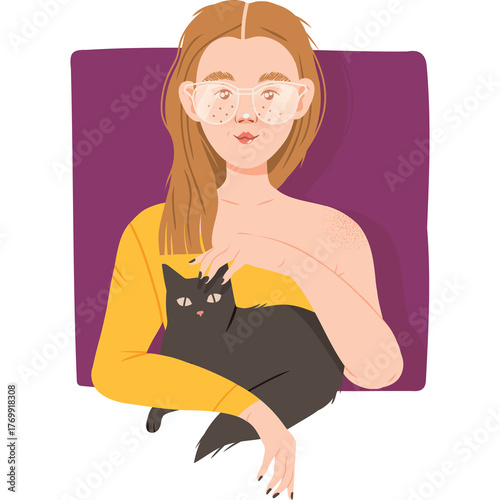Young Woman With Auburn Hair Wearing A Yellow Top Holding A Black Cat With Big Black Eyes And Wearing White Frame Glasses Against A Purple Background