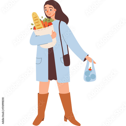 Young Woman with Bag of Groceries and Reusable Shopping Bag Wearing a Light Blue Coat and Brown Boots on Transparent Background