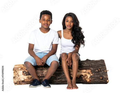 Two dark-skinned siblings sit side-by-side atop a log, smiling at the camera. Isolated on black background