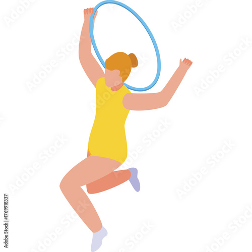 Young woman with blonde hair in a yellow leotard and white socks joyfully jumps with a blue hoop overhead against a clean white background capturing a moment of dynamic movement and athletic grace