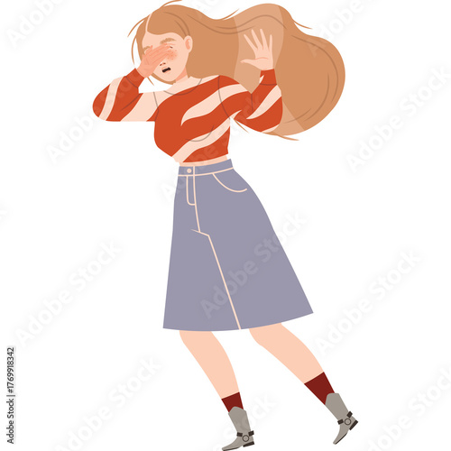 Young woman with blonde hair wearing a red and white striped long sleeve shirt and a lavender denim skirt shielding her eyes with her hands in a distressed pose