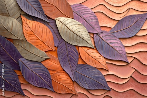 An arrangement of textured leaves in various shades of orange, purple, and beige, set against a background of undulating, peach tones, creating a visually appealing and serene autumnal ambiance.