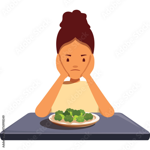 Young Woman With Brown Hair Bun Looks Unhappy About Eating Broccoli On White Plate In Front Of Her On A Gray Table Against Transparent Background