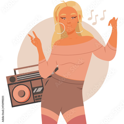Young Woman With Blonde Hair And Hoop Earrings Dancing Joyfully Next To A Retro Boombox With Musical Notes Floating Around Her In Soft Pink and Brown Tones