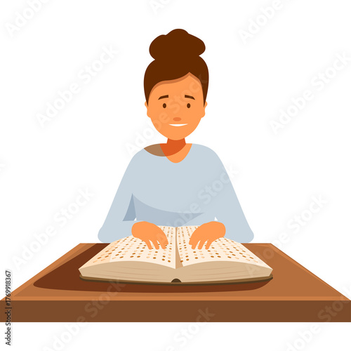 Young Woman With Brown Hair In A Bun Reading A Large Open Book With White Pages And Black Text Sitting At A Wooden Table With A White Background