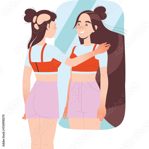 Young Woman with Brown Hair in a White Top and Pink Skirt Looks in a Mirror Smiling Embracing Herself with Soft Lighting and a Transparent Background