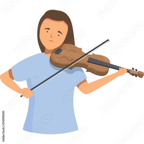 Young woman with brown hair playing violin with a bow dressed in a light blue shirt with a transparent background illustration