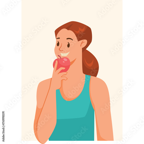 Young woman with brown hair tied in a ponytail wearing a teal tank top smiles as she bites into a red apple against a light cream background with a subtle off-white border