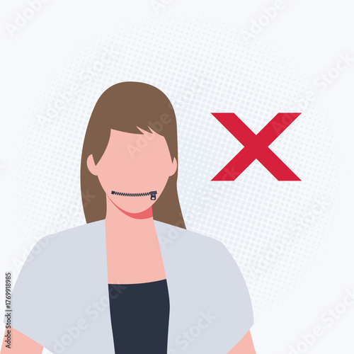 anxiety, censorship, communication, emotion, flat design, forbidden, forbidden speech, freedom, human rights, media control, minimalist, mouth zipped, mute, no comment, oppression, privacy, protest