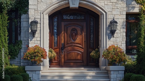 Elegant wooden front door of a stone house with landscaping