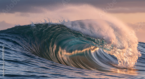 Powerful Ocean Wave Crashing with Golden Light.