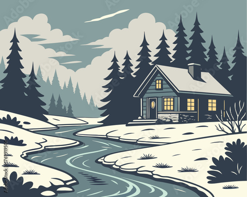 Cabin nestled in a snowy forest with a winding river