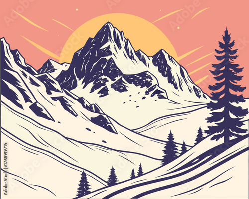 Majestic mountain range with snowcovered peaks against a vibrant sunset sky