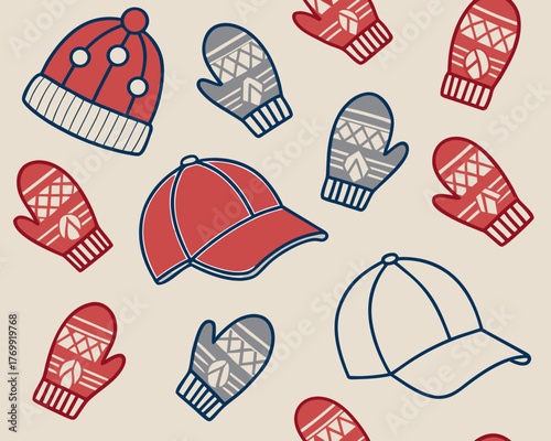 Seamless pattern of winter hats and mittens on a beige background
