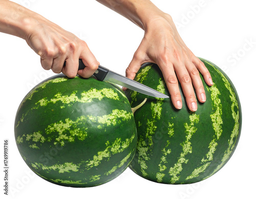 Two hands cutting a watermelon with a knife, set against a black background. Ready to eat summer snack