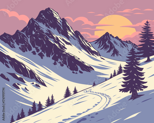 Snowy mountain landscape with a winding path and a serene sunset backdrop