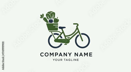Green bicycle with basket full of fresh vegetables and fruits logo.