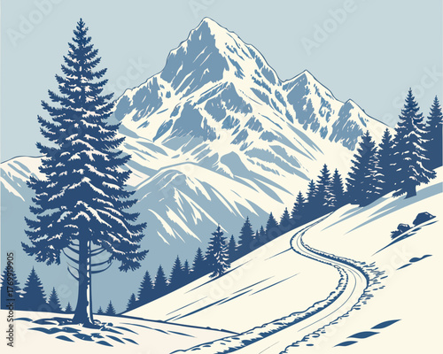 Winter mountain landscape with snowy trees and a winding path on a hill